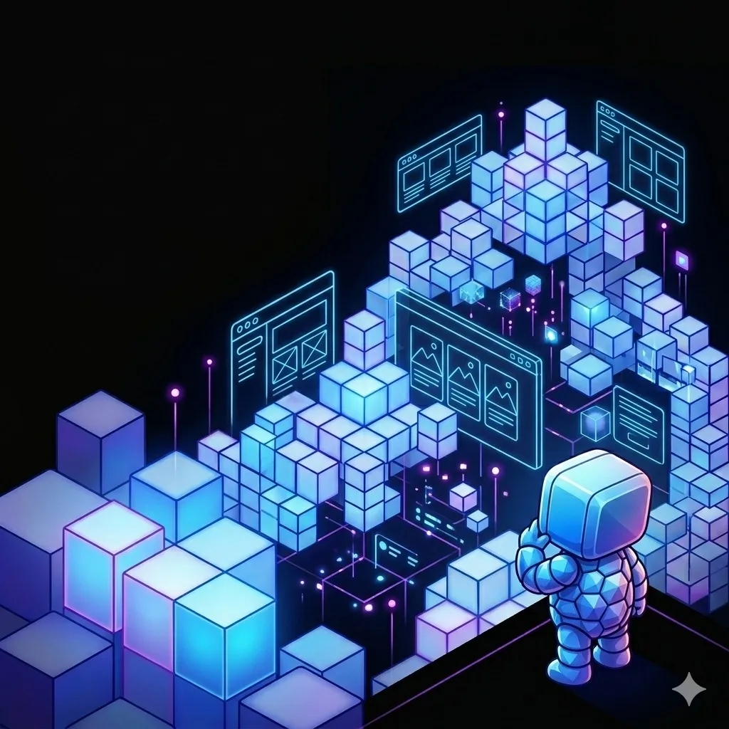 Building blocks representing web design with devbot observing